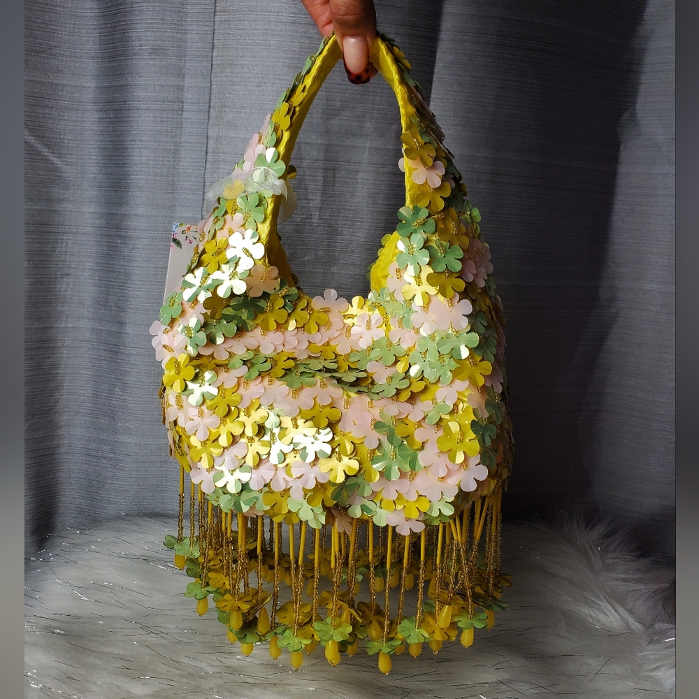 INDIA Viral Yellow/green Floral Sequin Beaded Handbag